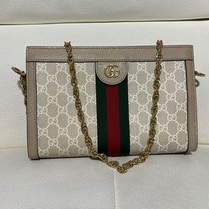 Gucci Beige and Green Shoulder Bag with Gold Chain